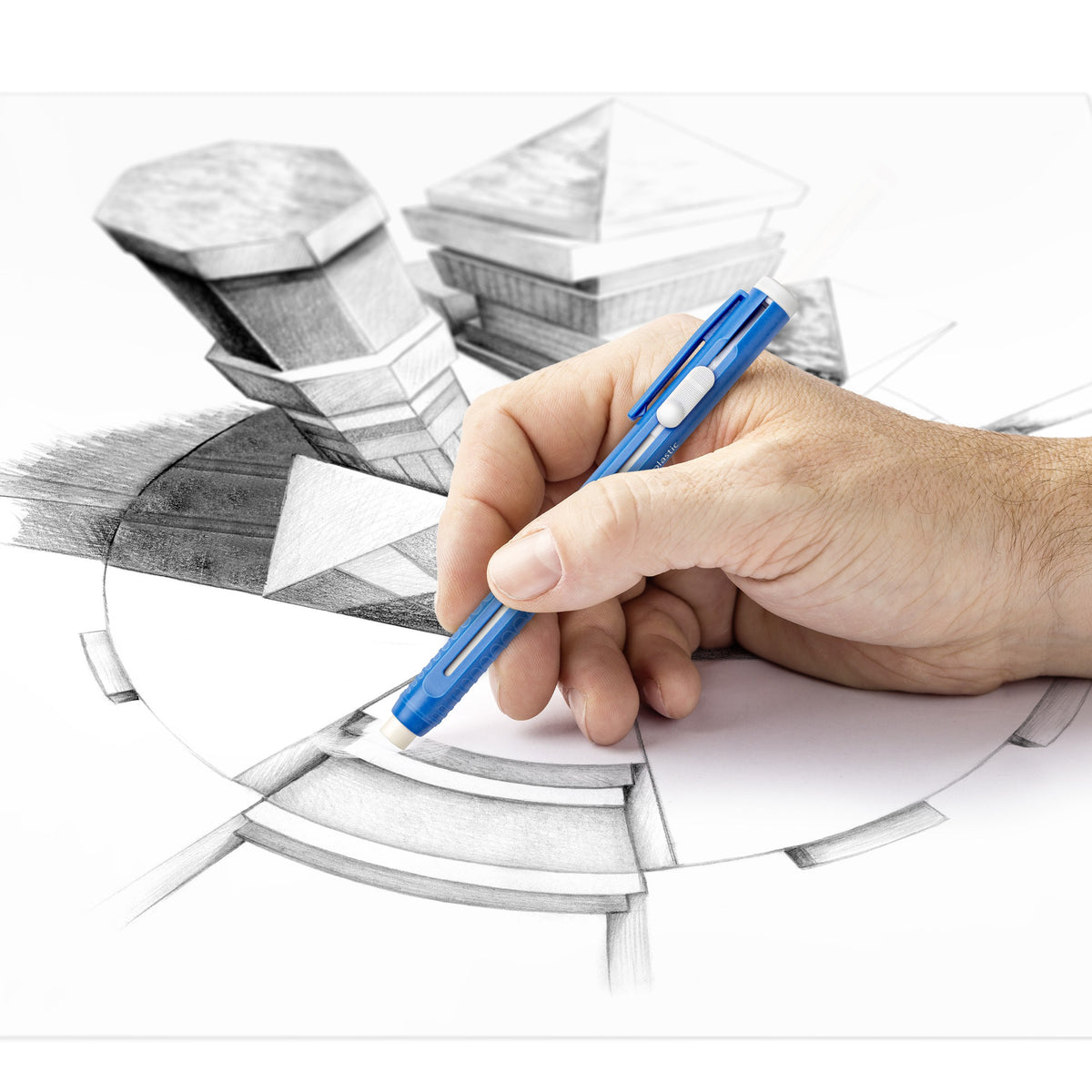 Hand drawing with the blue Staedtler Mars plastic 528 eraser holder over a pencil sketch of buildings; holder sold separately