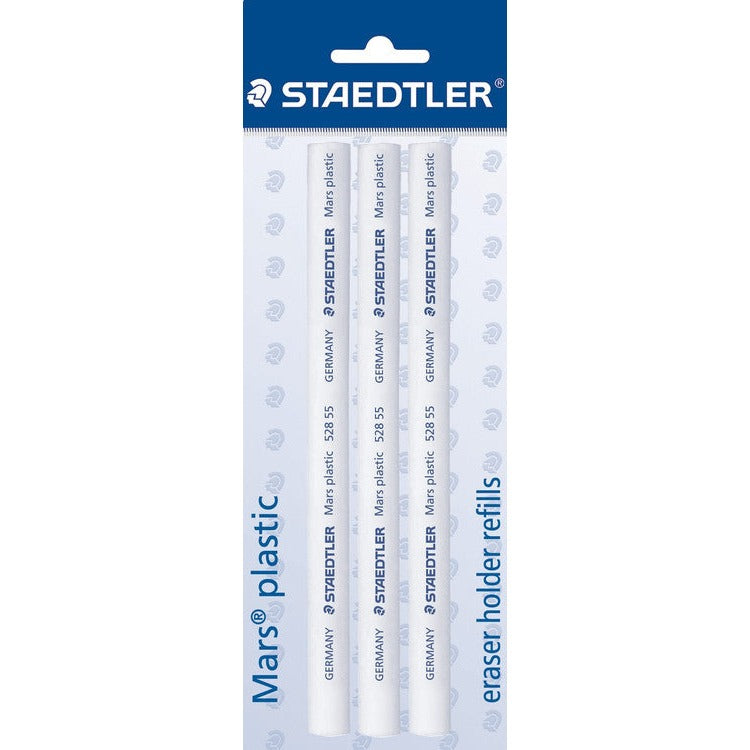 Staedtler Mars plastic eraser holder refills, three white 528 55 cores printed GERMANY held on a blue and white Staedtler hanging card