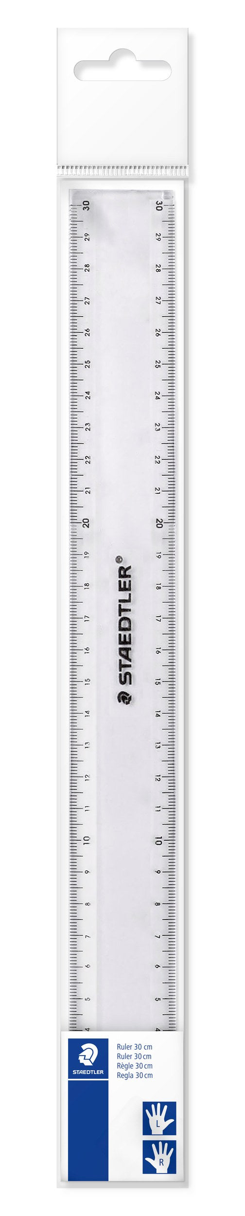Staedtler Mars 562 300 PB clear 30 cm ruler in its plastic sleeve, label printed Ruler 30 cm with left and right hand symbols