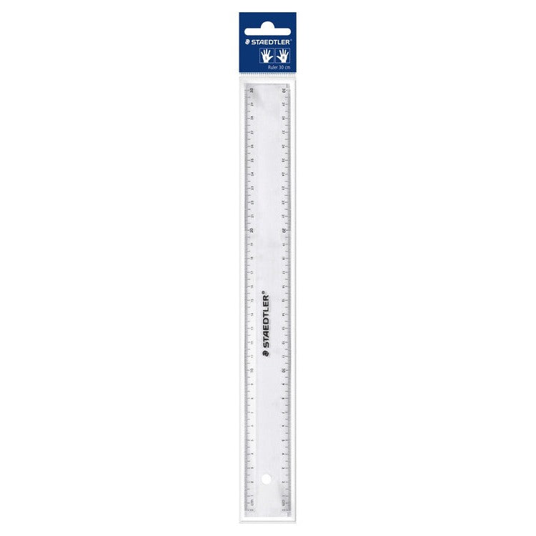 Earlier packaging of the Staedtler 30 cm ruler: clear ruler in a sleeve with a blue STAEDTLER header card showing L and R hands