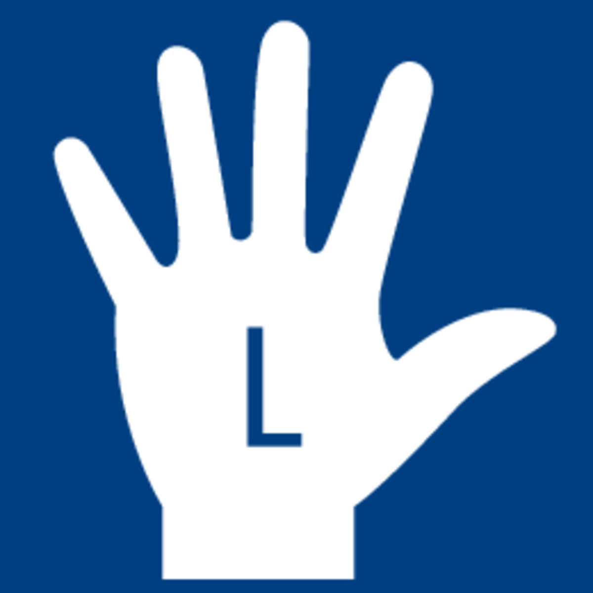Staedtler pictogram of a white left hand marked L on a blue square, used for the left-hander scale
