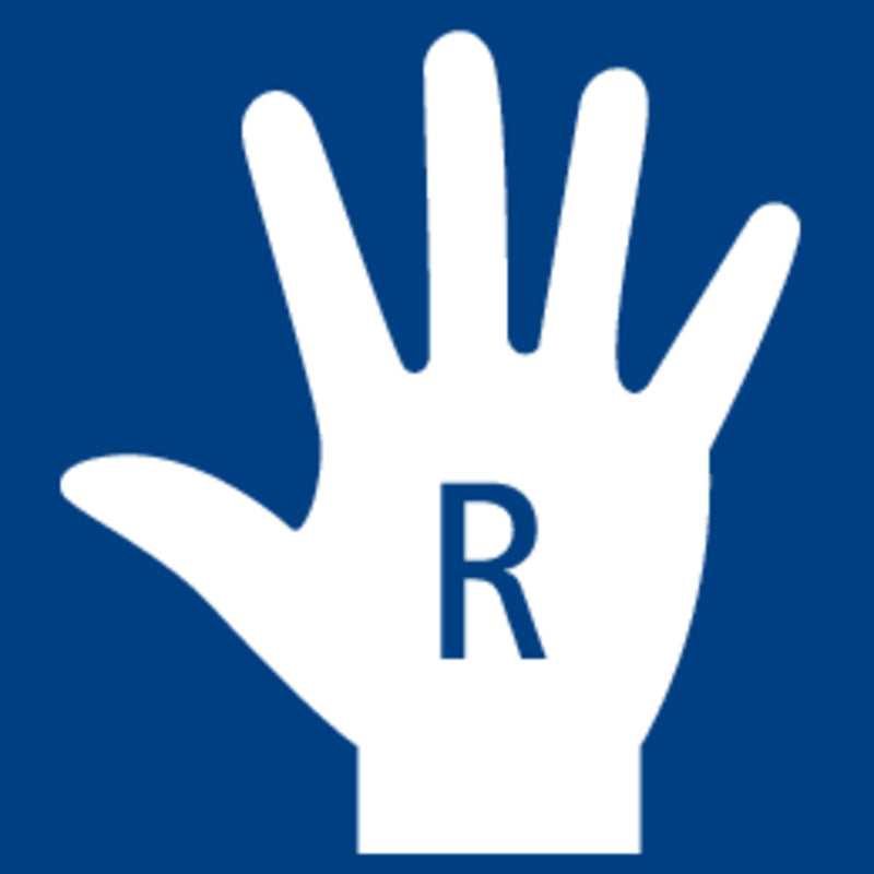 Staedtler pictogram of a white right hand marked R on a blue square, used for the right-hander scale