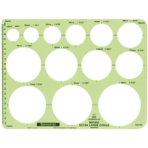 Staedtler 977 503 extra-large circle template in green transparent plastic with three rows of large circles and printed sizes beside each one