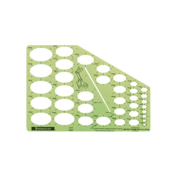 Staedtler 977 507 isometric ellipse template on its own, green transparent plastic with an angled edge and rows of ellipses in falling sizes