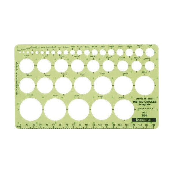 Staedtler 977 501 metric circles template out of the pack, green transparent plastic with rows of circles and a printed scale along the edges