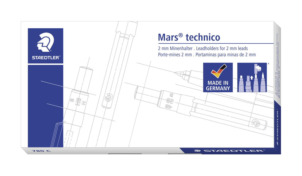 Staedtler Mars technico box printed Leadholders for 2 mm leads, MADE IN GERMANY and 780 C, with technical line drawing artwork