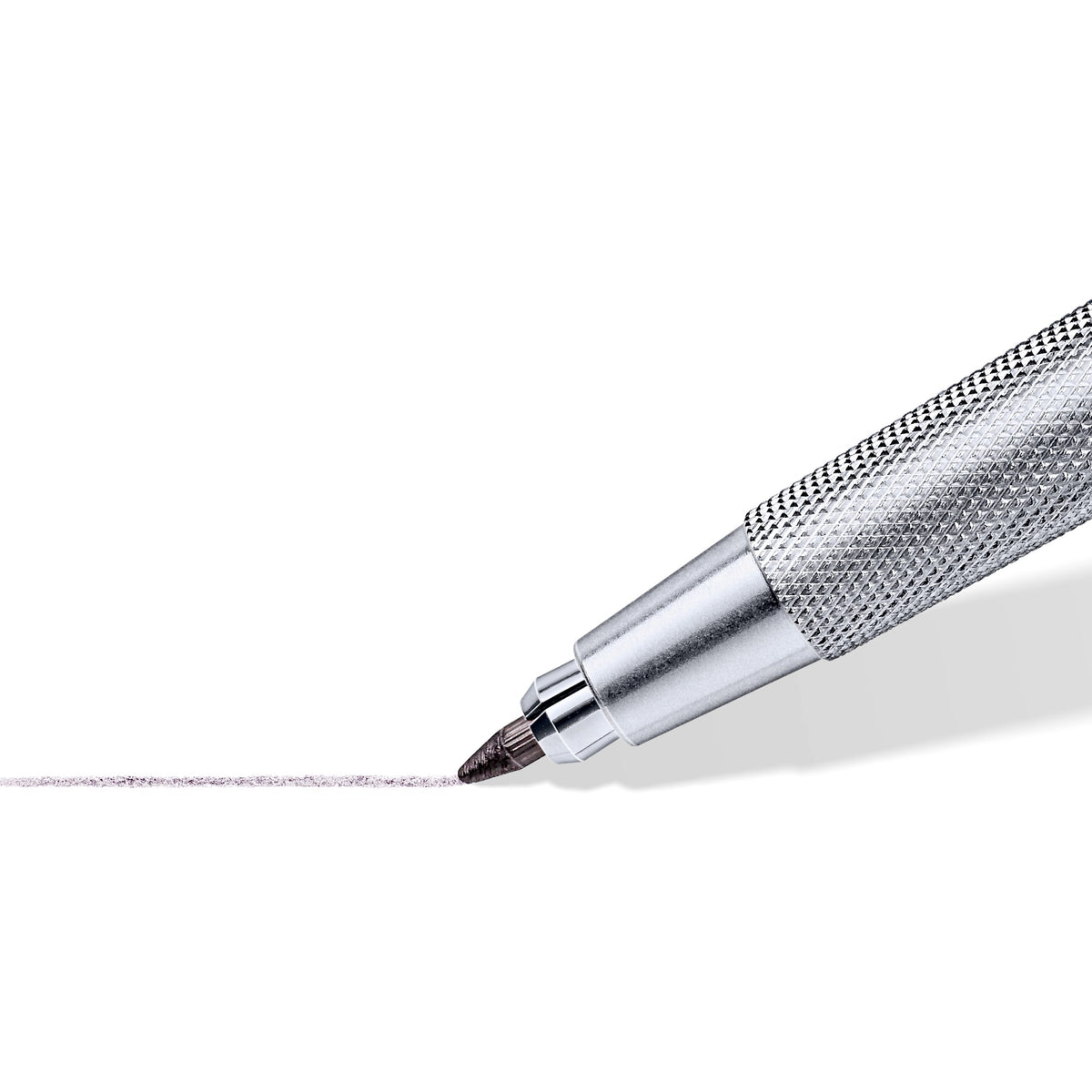 Blue Staedtler Mars technico 780 C leadholder at an angle with silver knurled grip, metal clip and push-button