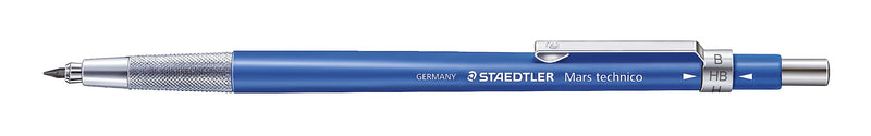 Side view of the Mars technico 780, blue barrel printed STAEDTLER Mars technico with a chrome knurled grip