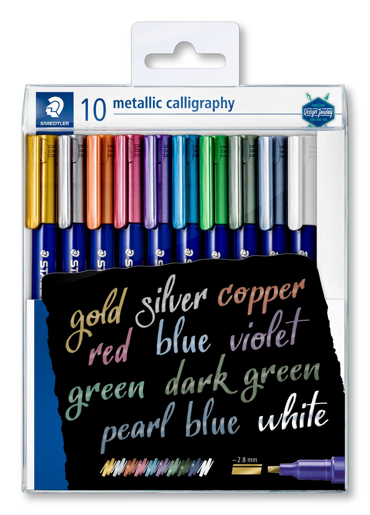 Staedtler 10 metallic calligraphy clear hanging box, ten caps from gold to white above black card lettered gold silver copper red blue violet green dark green pearl blue white