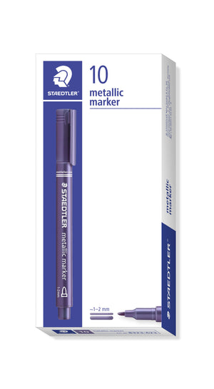 Staedtler box of 10 metallic markers in purple, white and blue box printed 10 metallic marker with a purple marker and a 1 to 2 mm line sample