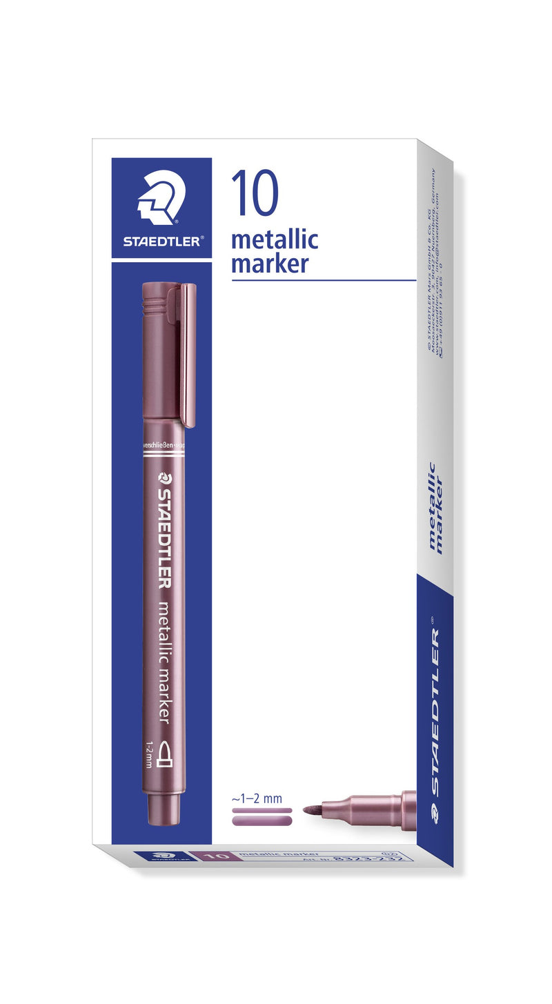 Staedtler box of 10 red metallic markers, printed 10 metallic marker, showing a deep red marker and a rosy red 1 to 2 mm line sample