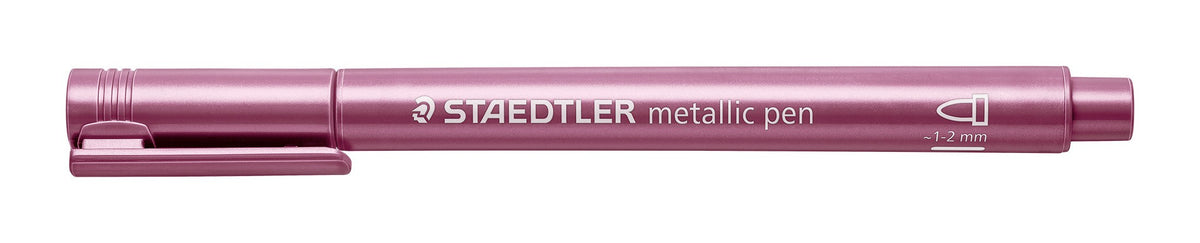 Red metallic Staedtler marker with its cap on, seen side on against a white background