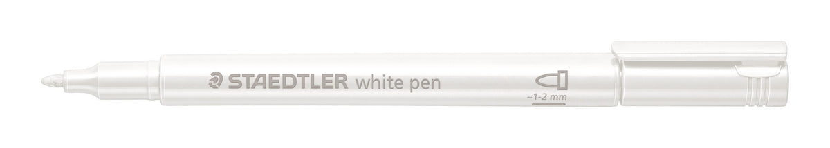White Staedtler 8323 marker shown uncapped with the cap on the end, printed STAEDTLER white pen, rounded white tip on the left