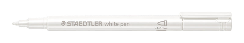White Staedtler 8323 marker shown uncapped with the cap on the end, printed STAEDTLER white pen, rounded white tip on the left