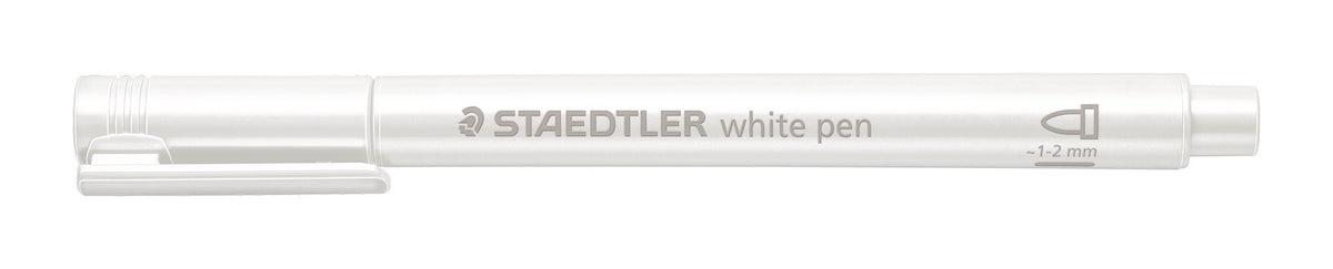 Staedtler white pen with the cap on, a plain white barrel and cap with the line width symbol, side view