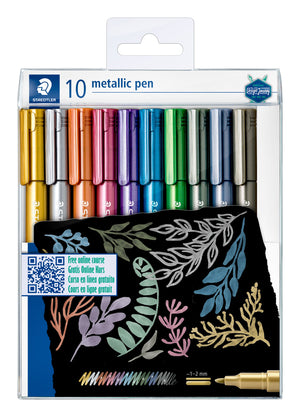 Staedtler 8323 TB10 clear hangsell pack of 10 metallic pens in assorted colours, with metallic leaf drawings on black card inside