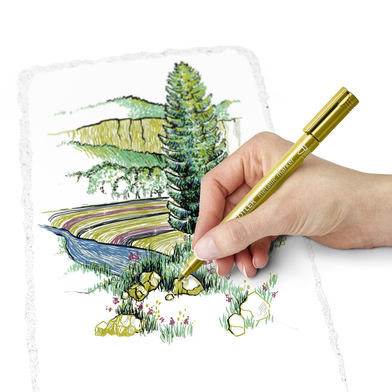Hand drawing a landscape with trees and a river in gold metallic ink using a Staedtler metallic pen