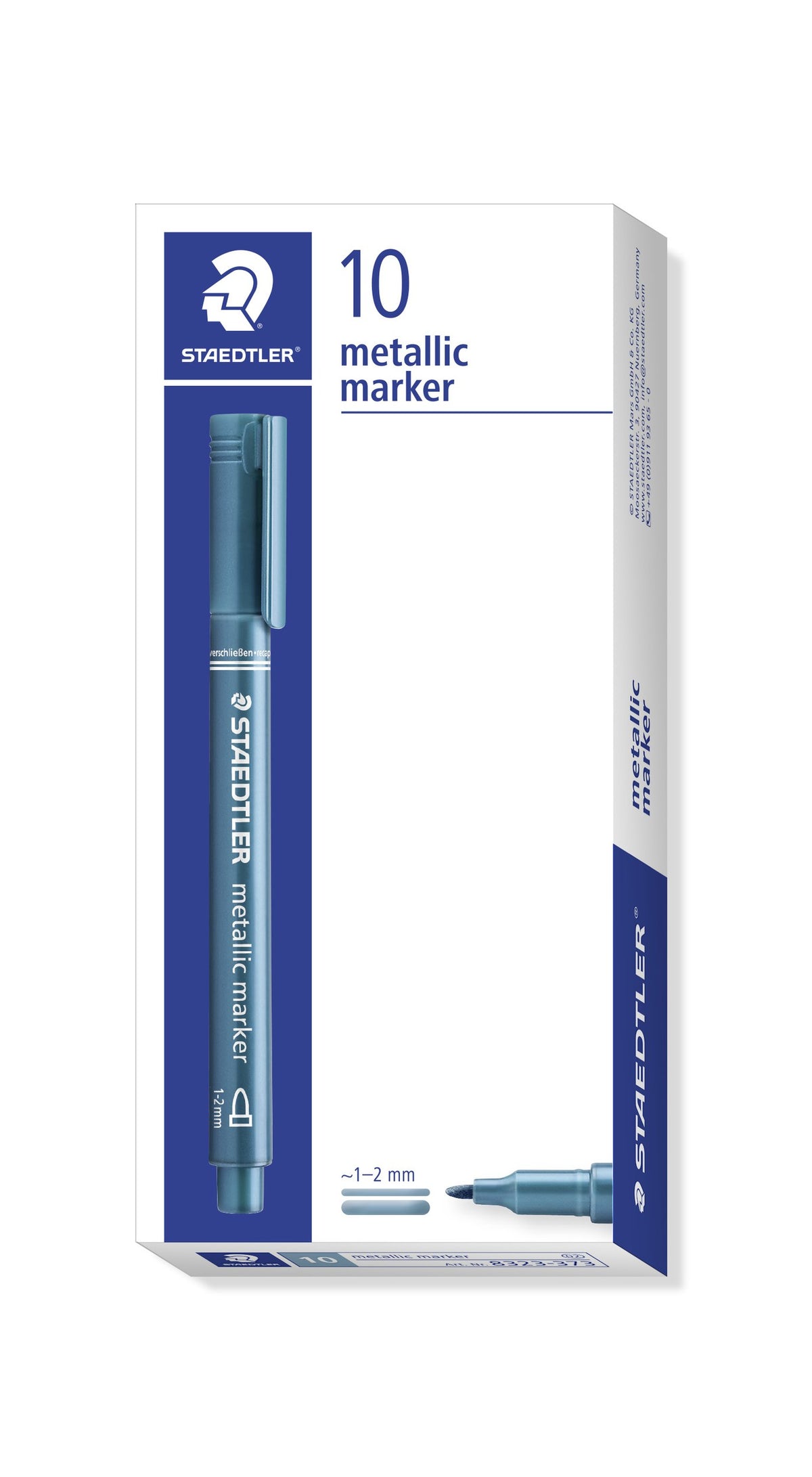 Staedtler box of 10 blue metallic markers, printed 10 metallic marker, with a blue pen pictured on the front and article number 8323-373 on the end
