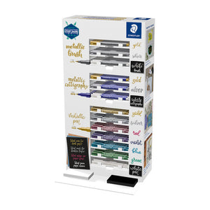 Staedtler three tier metallic display with brush, calligraphy and metallic pen sections, colour labels down the right side