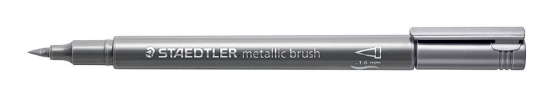 Silver Staedtler 8321 metallic brush pen with grey barrel and silver cap, from the brush tier of the display