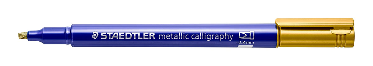 Gold capped Staedtler 8325 metallic calligraphy pen with a blue barrel, from the calligraphy tier