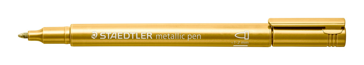 Gold Staedtler 8323 metallic pen with its cap off, from the bullet tip tier of the display