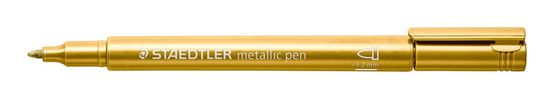 Gold Staedtler 8323 metallic pen with its cap off, from the bullet tip tier of the display