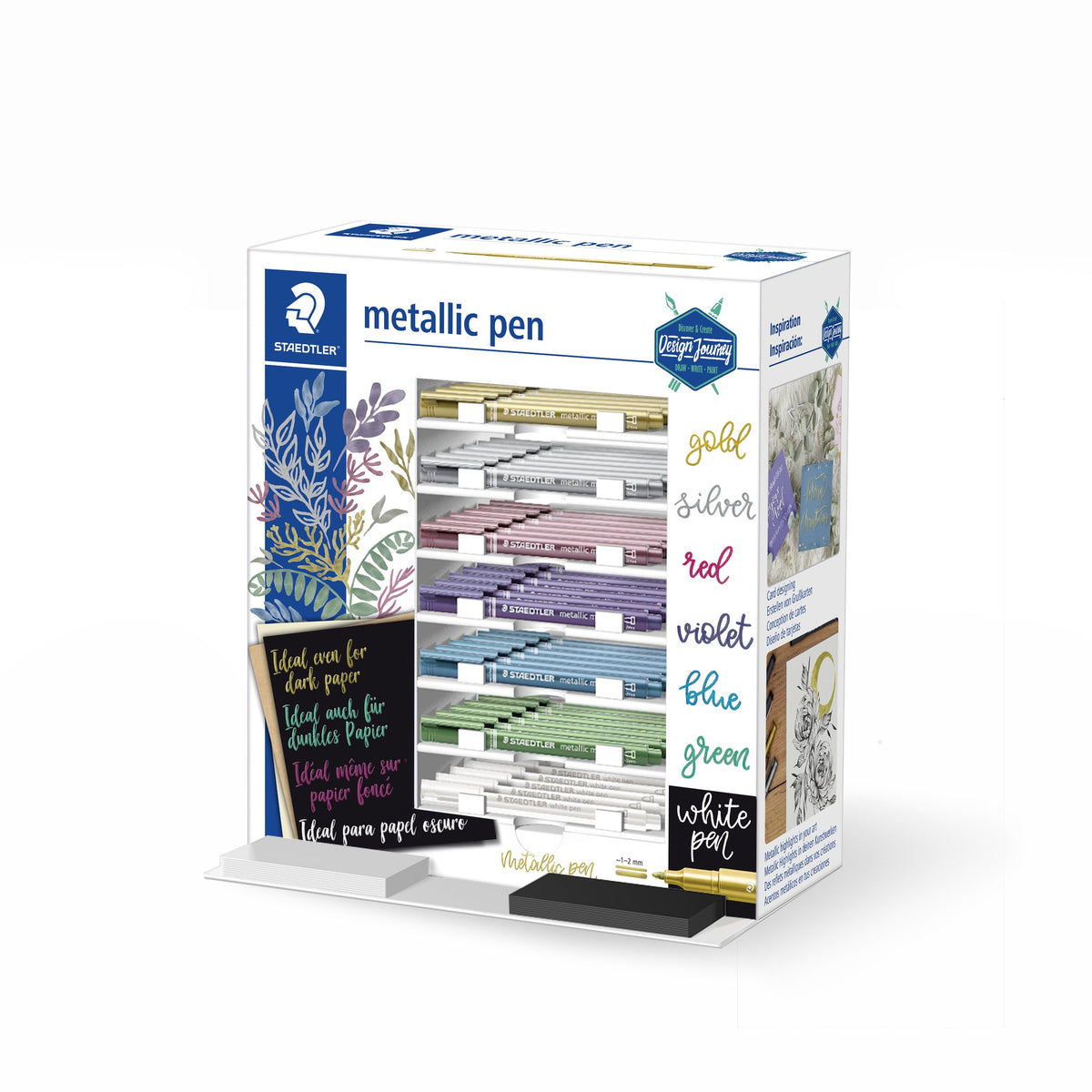 Staedtler metallic pen counter display with seven shelves of pens labelled gold, silver, red, violet, blue, green and white pen