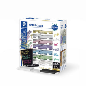 Staedtler metallic pen counter display with seven shelves of pens labelled gold, silver, red, violet, blue, green and white pen