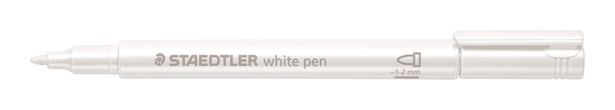 White Staedtler pen from the 8323 range, barrel printed white pen, with the cap placed behind