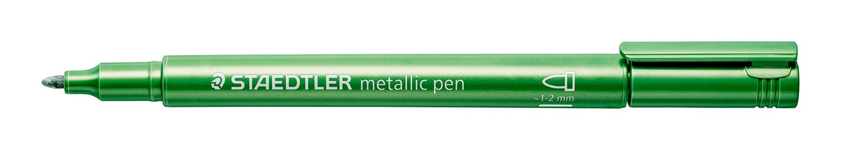Green Staedtler 8323 metallic pen with its cap removed, barrel printed STAEDTLER metallic pen in white