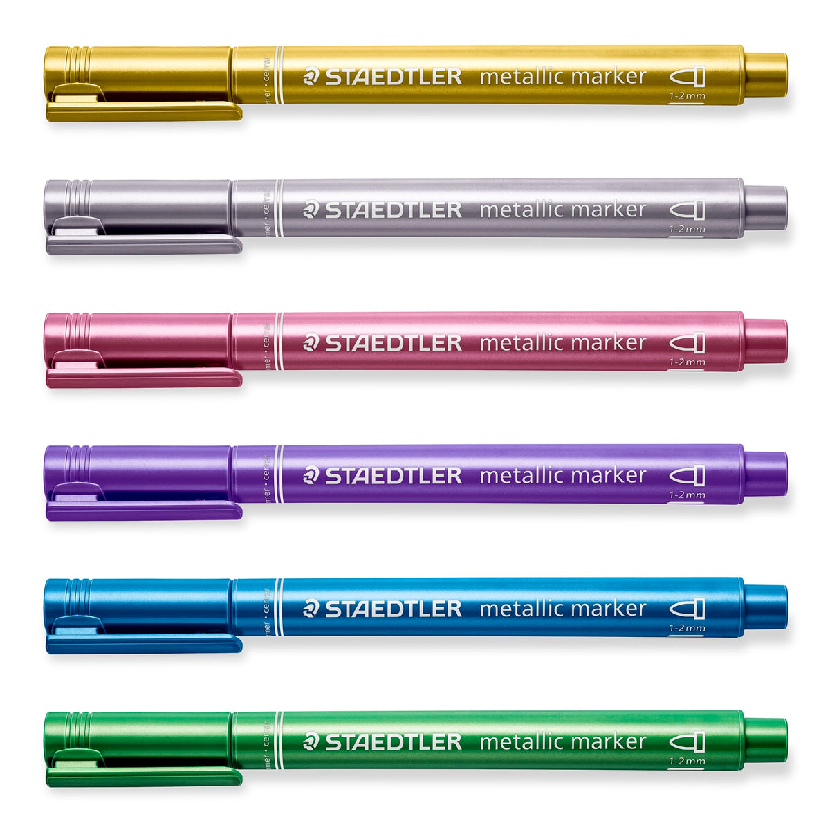 Row of six Staedtler metallic markers in gold, silver, pink, violet, blue and green from the 8323 range