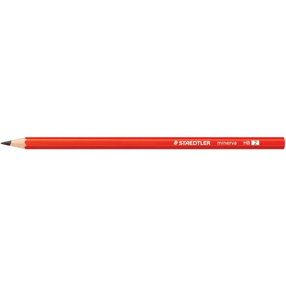 Single red Staedtler Minerva hexagonal graphite pencil lying horizontally with sharpened tip and HB 2 grade marking