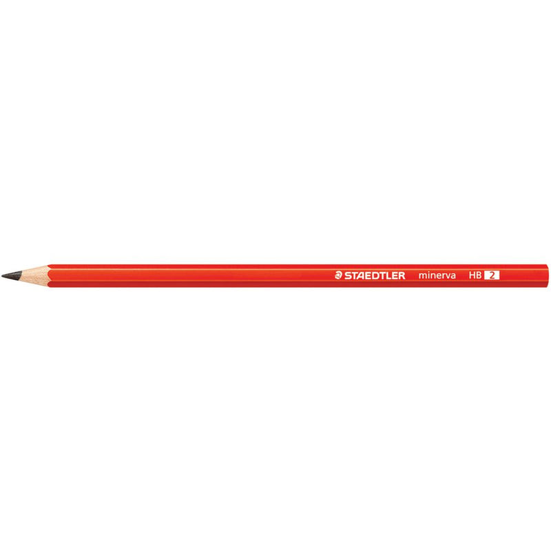 Single red Staedtler Minerva hexagonal graphite pencil lying horizontally with sharpened tip and HB 2 grade marking