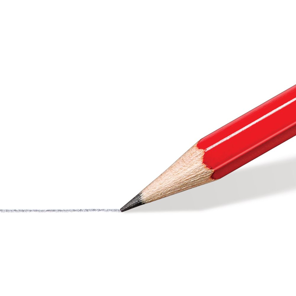 Close up of a sharpened red Staedtler Minerva pencil tip drawing a fine grey graphite line on white paper