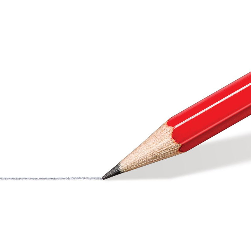 Close up of a sharpened red Staedtler Minerva pencil tip drawing a fine grey graphite line on white paper