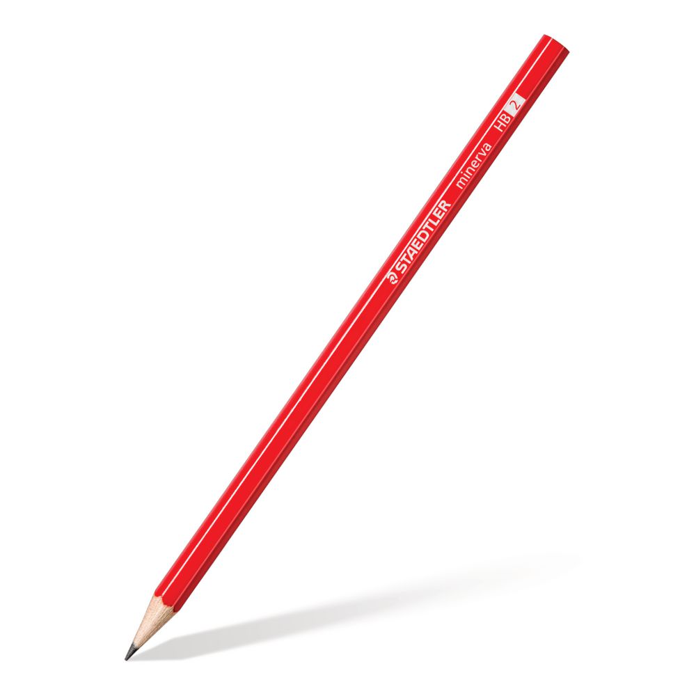 Red Staedtler Minerva HB pencil standing at an angle on its sharpened tip showing the hexagonal barrel and printed branding