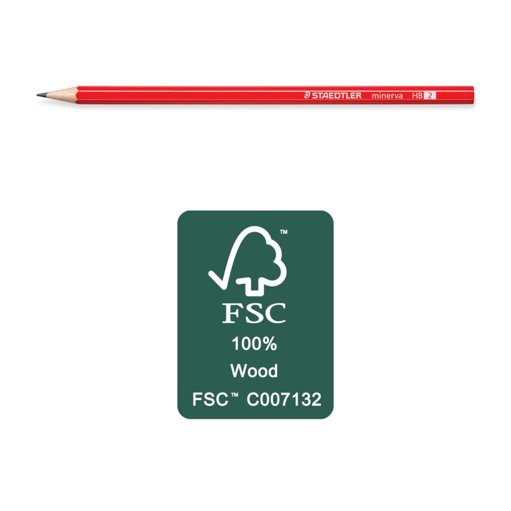 Staedtler Minerva HB pencil shown above a green FSC 100% Wood certification badge with licence code C007132