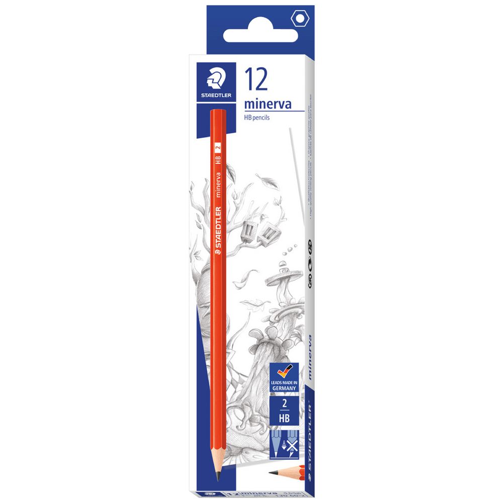 Staedtler Minerva HB pencils box of 12 in blue and white with a red pencil, sketched tree artwork and leads made in Germany badge