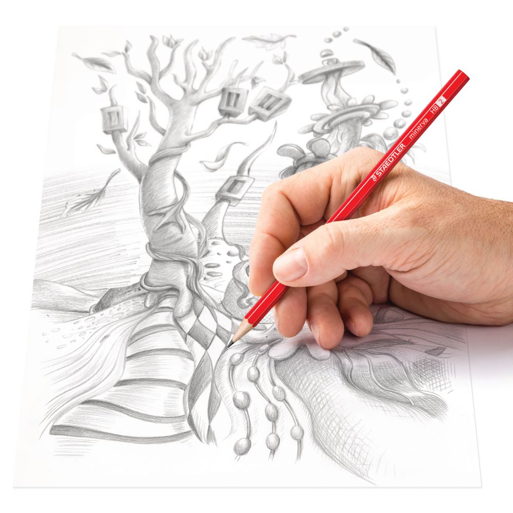 Hand holding a red Staedtler Minerva pencil while shading a detailed graphite sketch of a fantasy tree and landscape