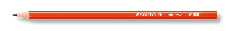 Red Staedtler minerva pencil side view showing the minerva HB 2 print on the barrel