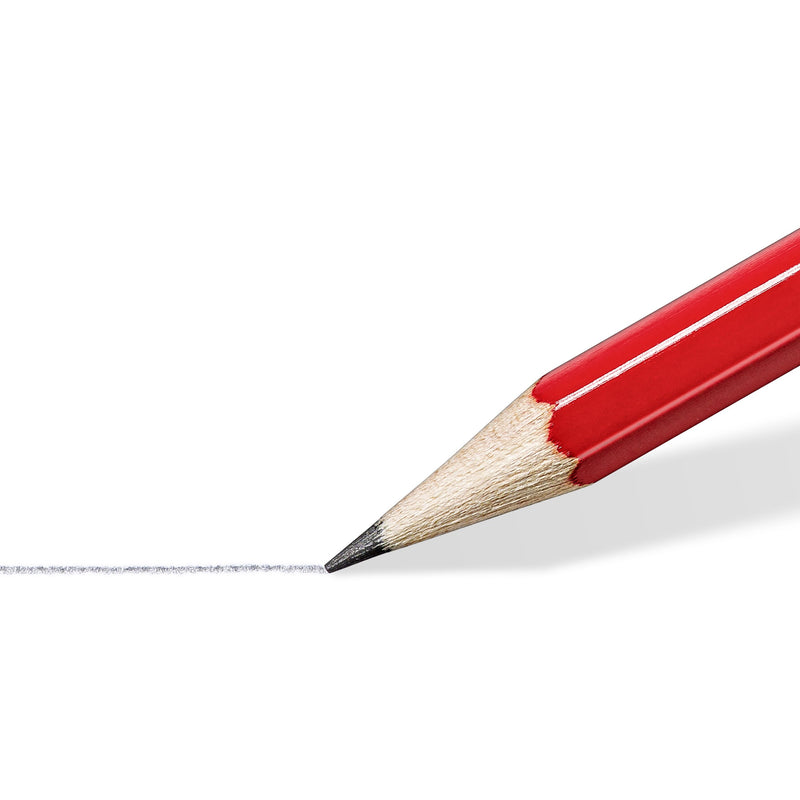 Close-up of a sharpened red Staedtler minerva pencil drawing a line, Staedtler range photo