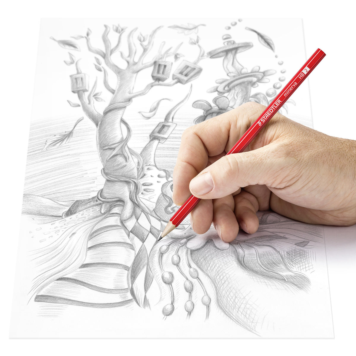 Hand drawing a detailed graphite illustration with a red Staedtler minerva pencil