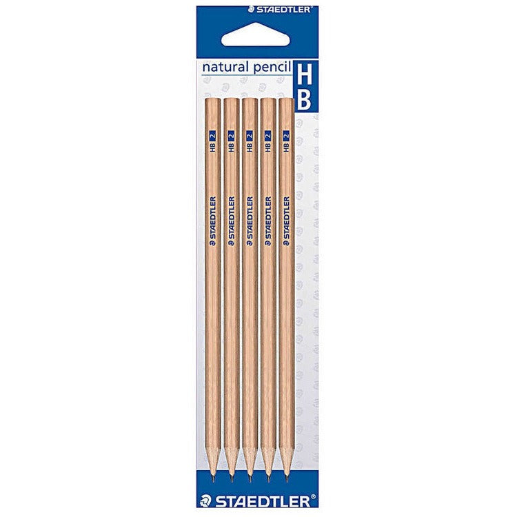 Staedtler blistercard printed natural pencil HB holding five plain wood hexagonal pencils printed STAEDTLER and HB 2, the retail card for article 13060N2BK5