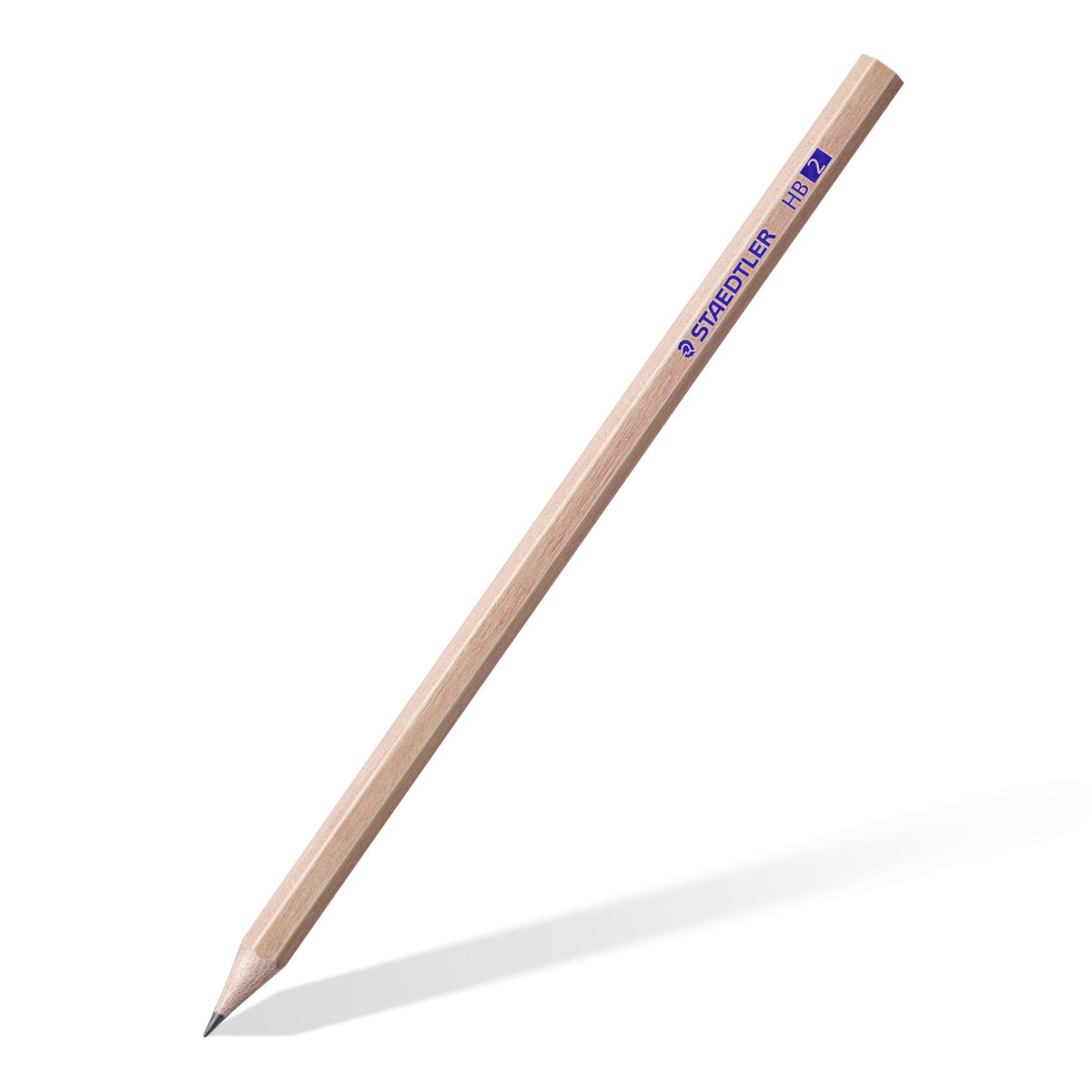 Single Staedtler natural graphite pencil at an angle, plain wood hexagonal barrel printed STAEDTLER and HB 2 in blue