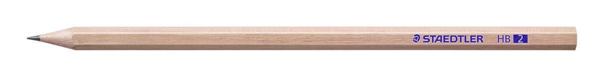 Side view of a Staedtler natural HB pencil showing the bare wood barrel and blue printing along its length