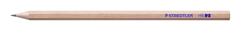 Side view of a Staedtler natural HB pencil showing the bare wood barrel and blue printing along its length