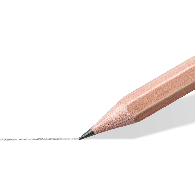 Close-up of the sharpened tip of a Staedtler natural hexagonal HB pencil drawing a graphite line