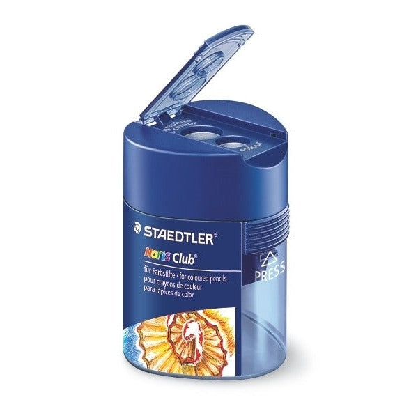 The same Staedtler double-hole tub sharpener with its hinged lid lifted to show the two sharpening holes