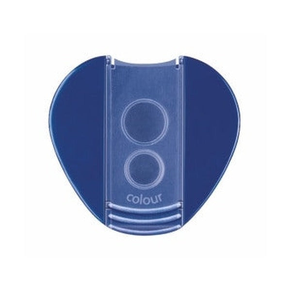 Top view of the blue heart-shaped lid of the tub sharpener with two round holes and the word colour moulded in